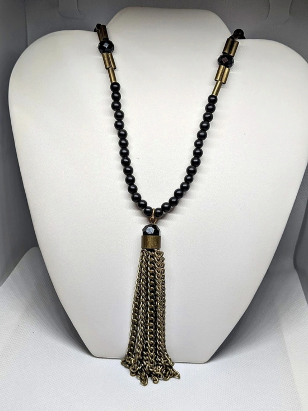 Express Black & Gold Beaded Tassel Necklace
